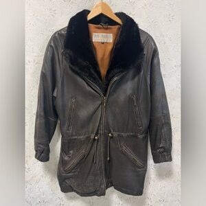 Vintage Dark Brown Leather Jacket with Faux Fur Collar